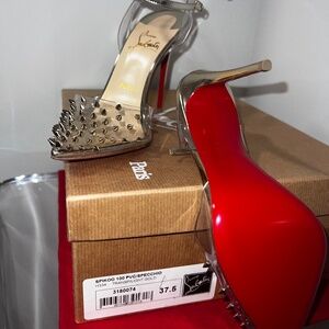 NEW Christian Louboutin SPIKOO 100 PVC/SPECCHIO H334 TRANSPARENT/LIGHT GOLD 37.5